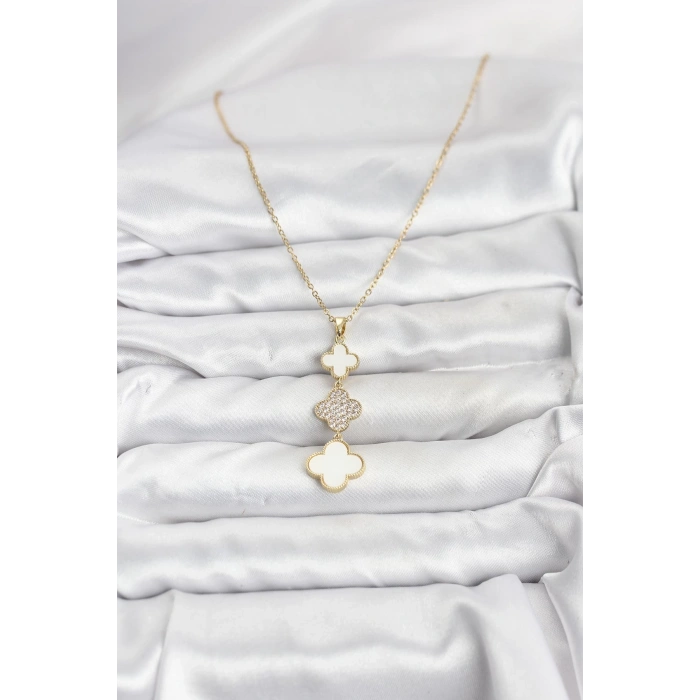 316L Çelik Zincir Gold Renk Yonca Detaylı Zirkon Taşlı Kadın Kolye