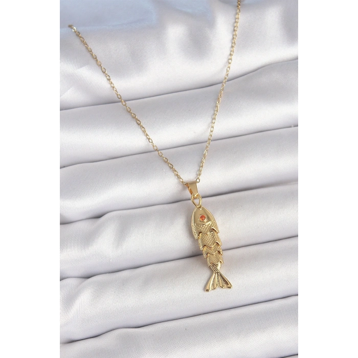 316L Çelik Zincir Gold Renk Zirkon Taşlı Balık Figürlü Kolye