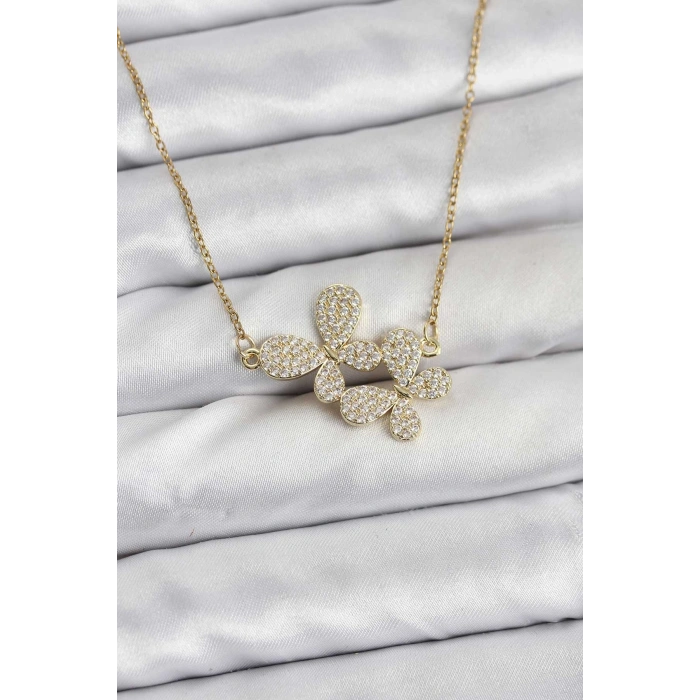 316L Çelik Zincir Gold Renk Zirkon Taşlı Kelebek Model Kadın Kolye