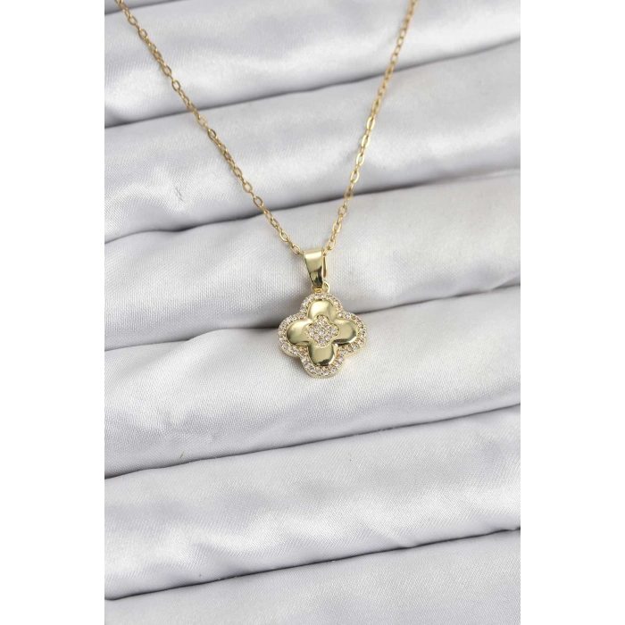 316L Çelik Zincir Gold Renk Zirkon Taşlı Yonca Model Kadın Kolye