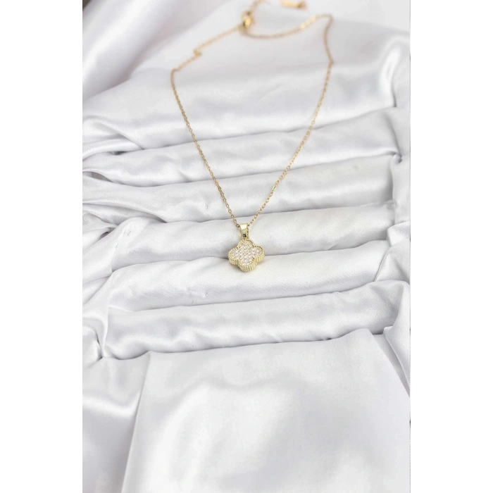 316L Çelik Zincir Gold Renk Zirkon Taşlı Yonca Model Kadın Kolye