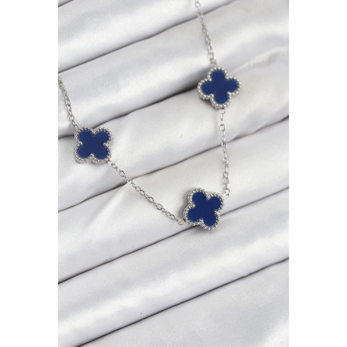 316L Çelik Zincir Gümüş Lacivert Renk Yonca Kadın Kolye