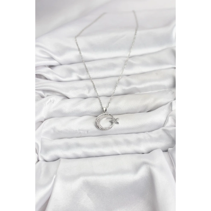 316L Çelik Zincir Gümüş Renk Ay Yıldız Model Zirkon Taşlı Kadın Kolye
