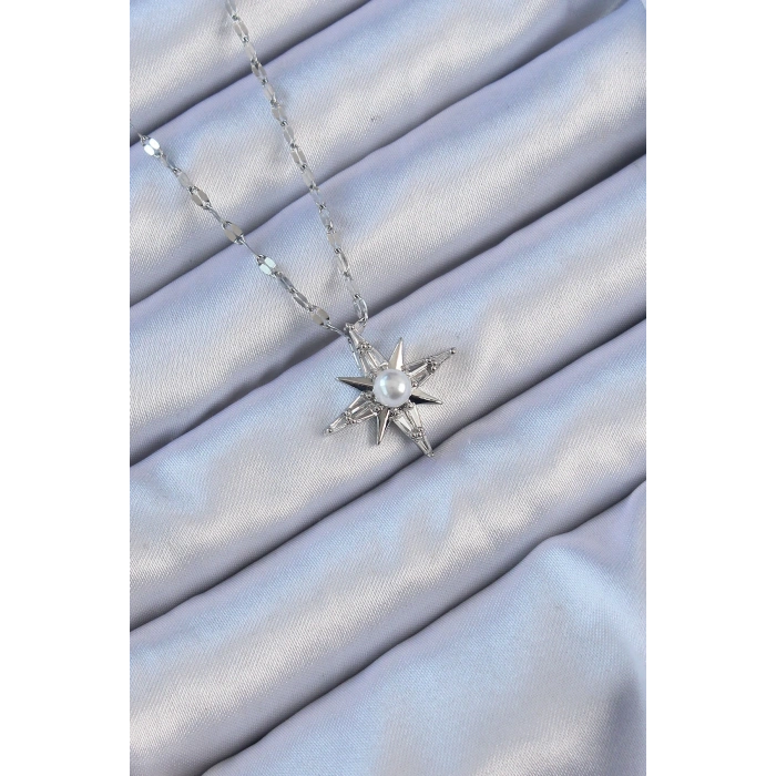 316L Çelik Zincir Gümüş Renk Baget Taşlı İnci Detay Kutup Yıldızı Kolye