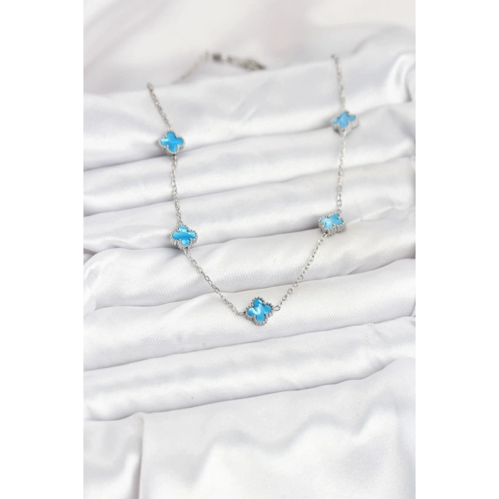 316L Çelik Zincir Gümüş Renk Buz Mavisi Baby Boy Yonca Kadın Kolye