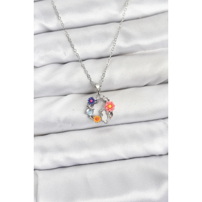 316L Çelik Zincir Gümüş Renk Çiçekli Kedili Model Kadın Kolye