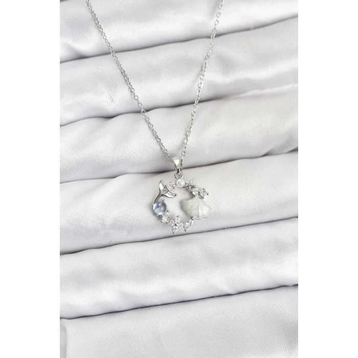 316L Çelik Zincir Gümüş Renk Deniz Tema Model Zirkon Taşlı Kadın Kolye