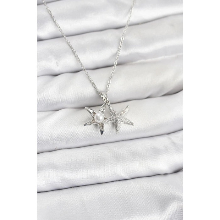 316L Çelik Zincir Gümüş Renk Deniz Yıldızı Model Zirkon Taşlı Kadın Kolye