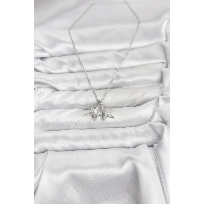 316L Çelik Zincir Gümüş Renk Deniz Yıldızı Model Zirkon Taşlı Kadın Kolye