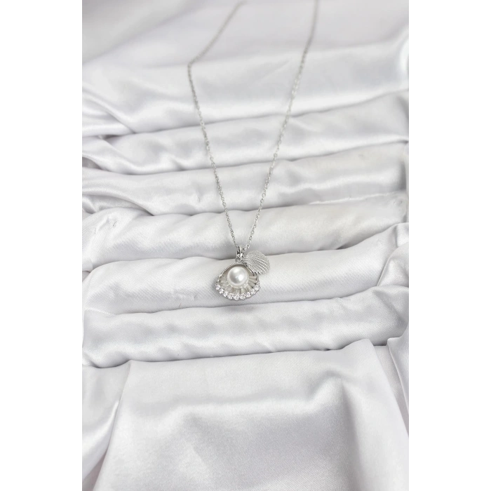 316L Çelik Zincir Gümüş Renk İncili Deniz Kabuğu Model Zirkon Taşlı Kadın Kolye