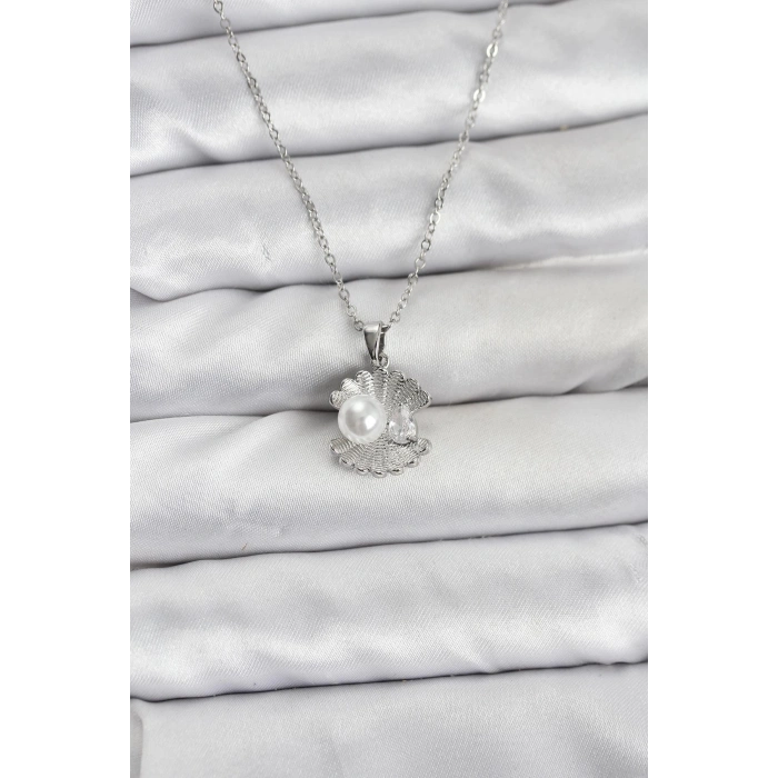 316L Çelik Zincir Gümüş Renk İstiridye İnci Model Zirkon Taşlı Kadın Kolye