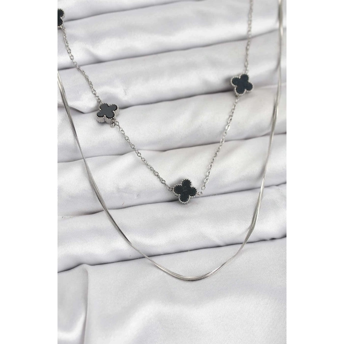 316L Çelik Zincir Gümüş Renk İtalyan Zincirli Siyah Yonca Model Kadın Kolye
