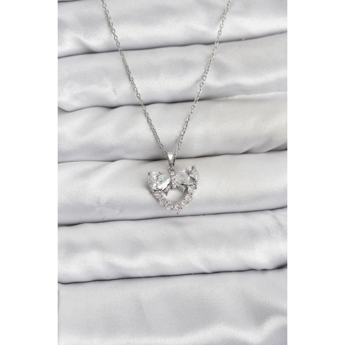 316L Çelik Zincir Gümüş Renk Kalp ve Fiyonk Model Zirkon Taşlı Kadın Kolye