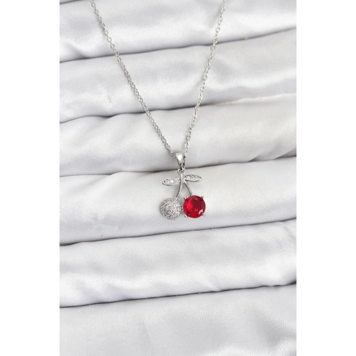 316L Çelik Zincir Gümüş Renk Kiraz Model Zirkon Taşlı Kadın Kolye