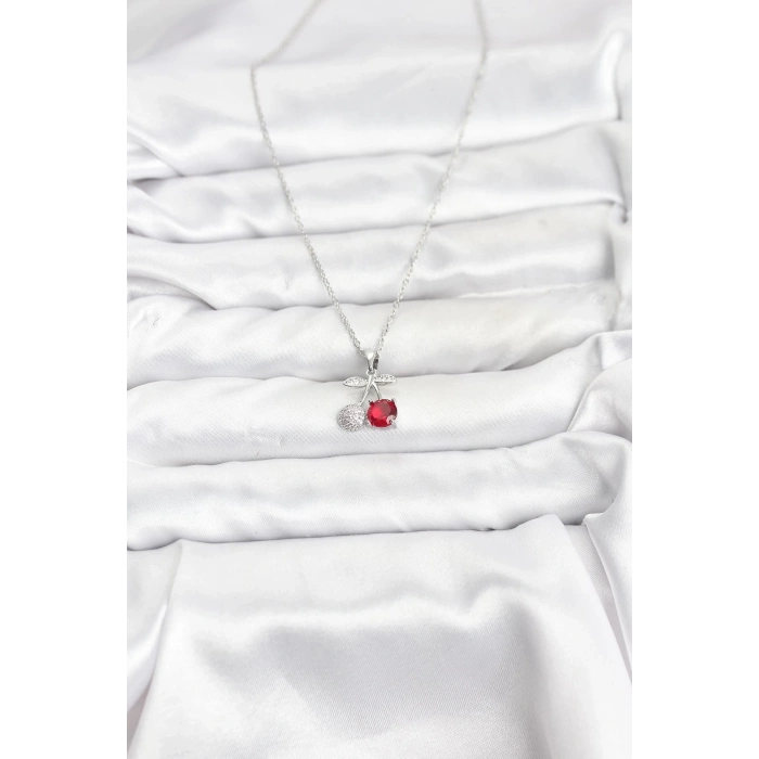 316L Çelik Zincir Gümüş Renk Kiraz Model Zirkon Taşlı Kadın Kolye