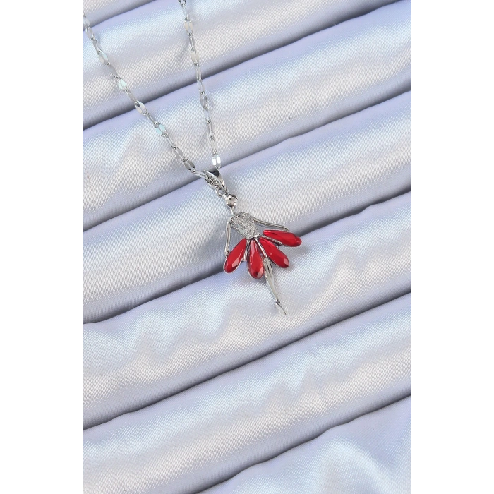 316L Çelik Zincir Gümüş Renk Kırmızı Etekli Zirkon Taşlı Balerin Kolye