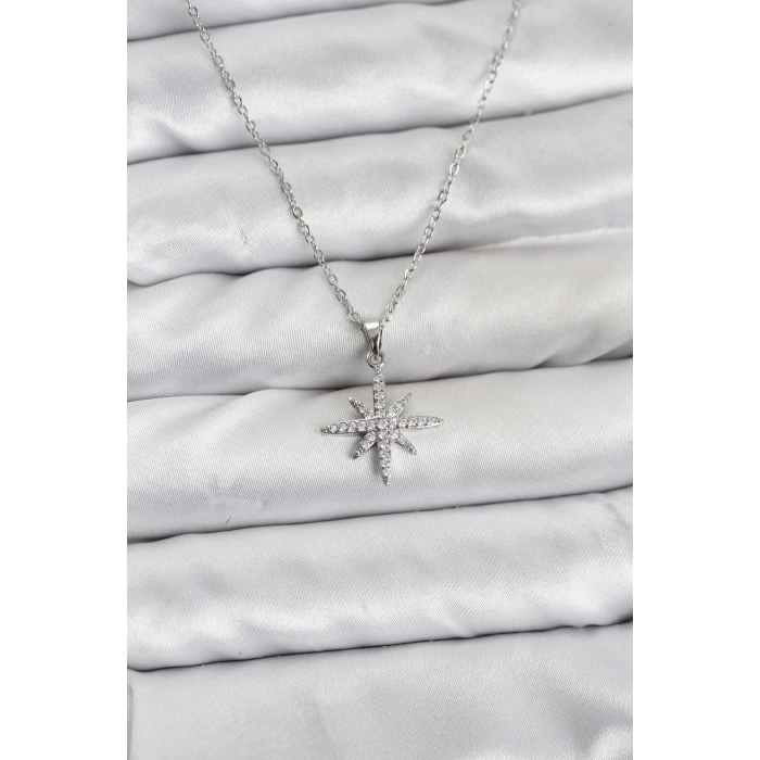 316L Çelik Zincir Gümüş Renk Kutup Yıldızı Model Zirkon Taşlı Kadın Kolye
