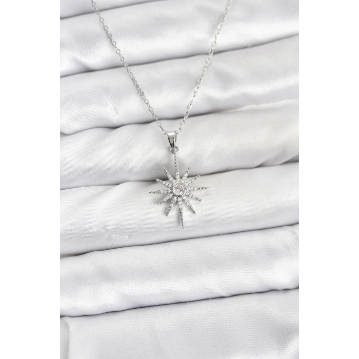316L Çelik Zincir Gümüş Renk Kutup Yıldızı Model Zirkon Taşlı Kadın Kolye