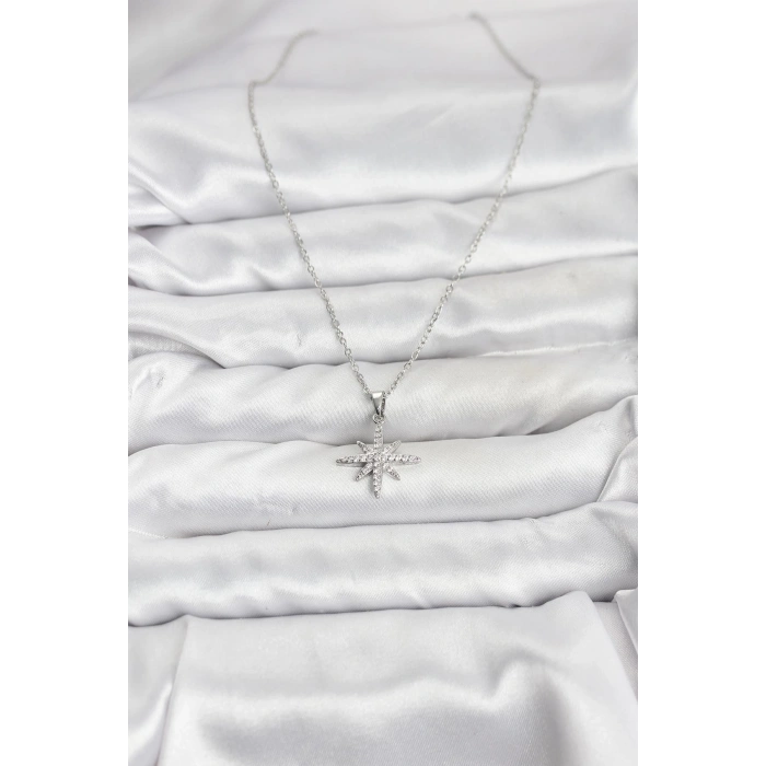 316L Çelik Zincir Gümüş Renk Kutup Yıldızı Model Zirkon Taşlı Kadın Kolye