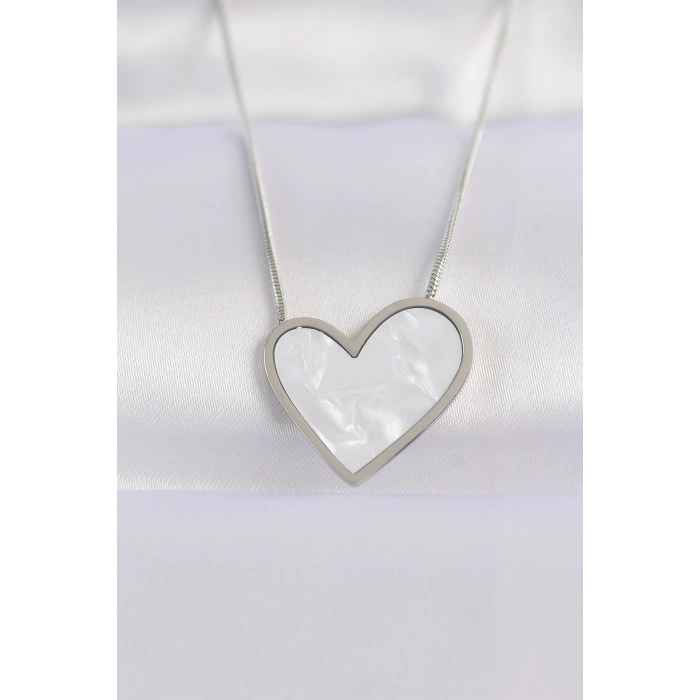 316L Çelik Zincir Gümüş Renk Mermer Desenli Kalp Kolye