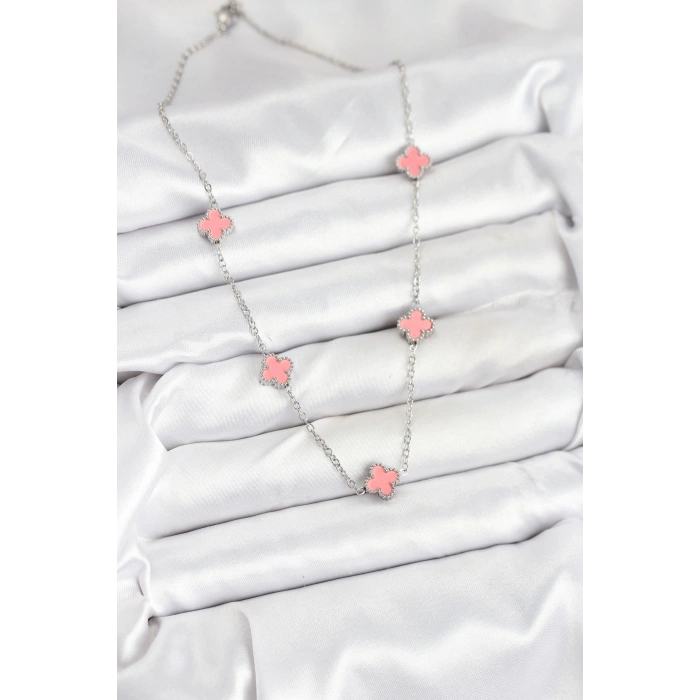 316L Çelik Zincir Gümüş Renk Pembe Baby Boy Yonca Kadın Kolye