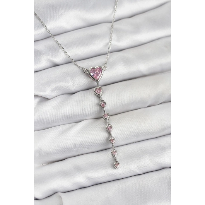 316L Çelik Zincir Gümüş Renk Pembe Kalp Kadın Kolye