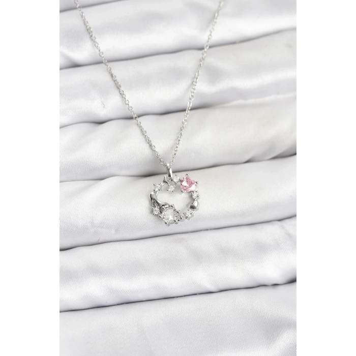 316L Çelik Zincir Gümüş Renk Pembe Taş Detaylı Çelenk Model Kadın Kolye