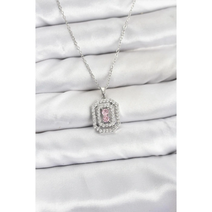 316L Çelik Zincir Gümüş Renk Plaka Model Zirkon Taşlı Kadın Kolye