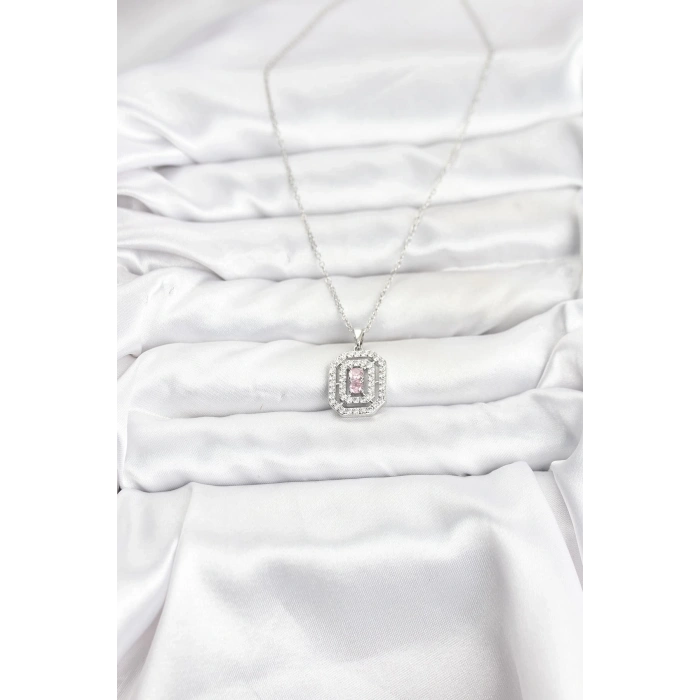 316L Çelik Zincir Gümüş Renk Plaka Model Zirkon Taşlı Kadın Kolye