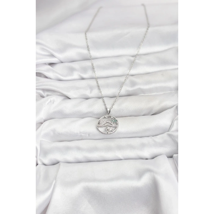 316L Çelik Zincir Gümüş Renk Şans Kolyesi Model Zirkon Taşlı Kadın Kolye