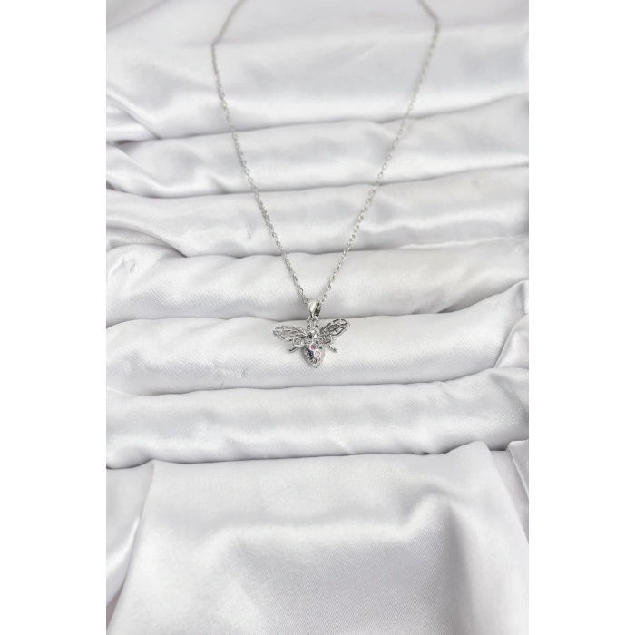 316L Çelik Zincir Gümüş Renk Sinek Model Zirkon Taşlı Kadın Kolye