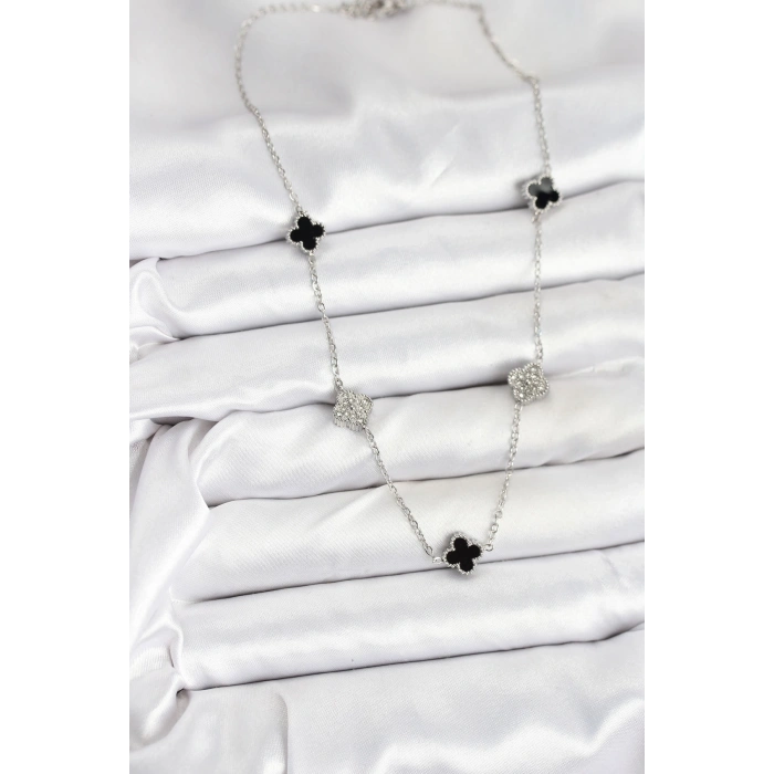 316L Çelik Zincir Gümüş Renk Siyah ve Zirkon Taşlı Baby Boy Yonca Kadın Kolye