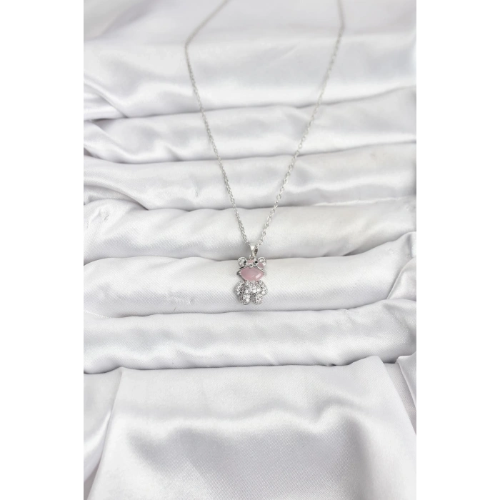 316L Çelik Zincir Gümüş Renk Teddy Bear Model Zirkon Taşlı Kadın Kolye