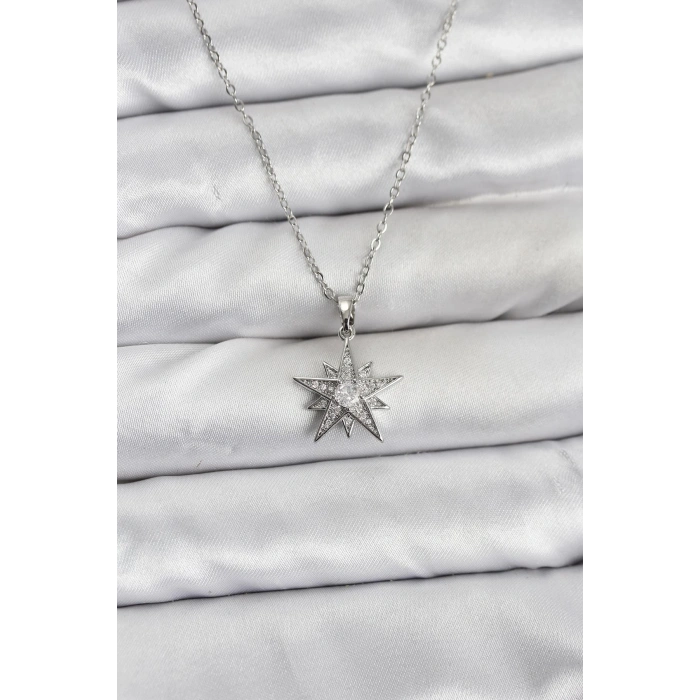 316L Çelik Zincir Gümüş Renk Yıldız Model Zirkon Taşlı Kadın Kolye