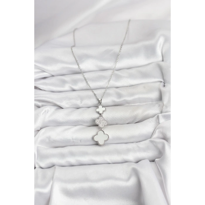 316L Çelik Zincir Gümüş Renk Yonca Detaylı Zirkon Taşlı Kadın Kolye