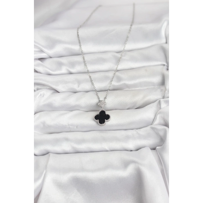 316L Çelik Zincir Gümüş Renk Yonca Model Zirkon Taşlı Kadın Kolye