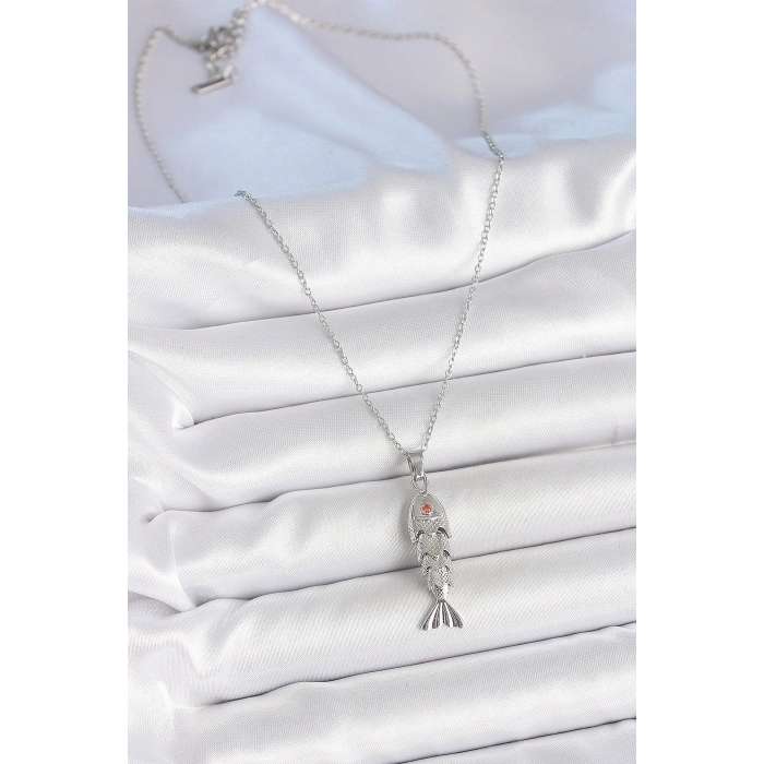 316L Çelik Zincir Gümüş Renk Zirkon Taşlı Balık Figürlü Kolye