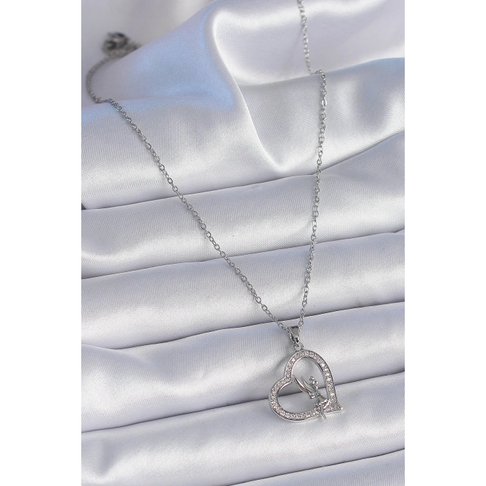 316L Çelik Zincir Gümüş Renk Zirkon Taşlı Kalp Model Melek Detay Kadın Kolye