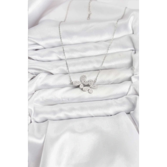 316L Çelik Zincir Gümüş Renk Zirkon Taşlı Kelebek Model Kadın Kolye