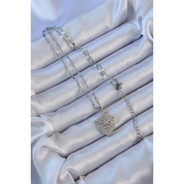 316L Çelik Zincir Gümüş Renk Zirkon Taşlı Kutup Yıldızı Kolye