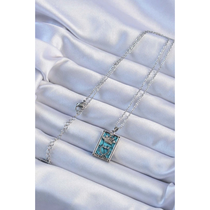 316L Çelik Zincir Gümüş Renk Zirkon Taşlı Mavi Mermer Desenli Taç Model Tarot Kolye