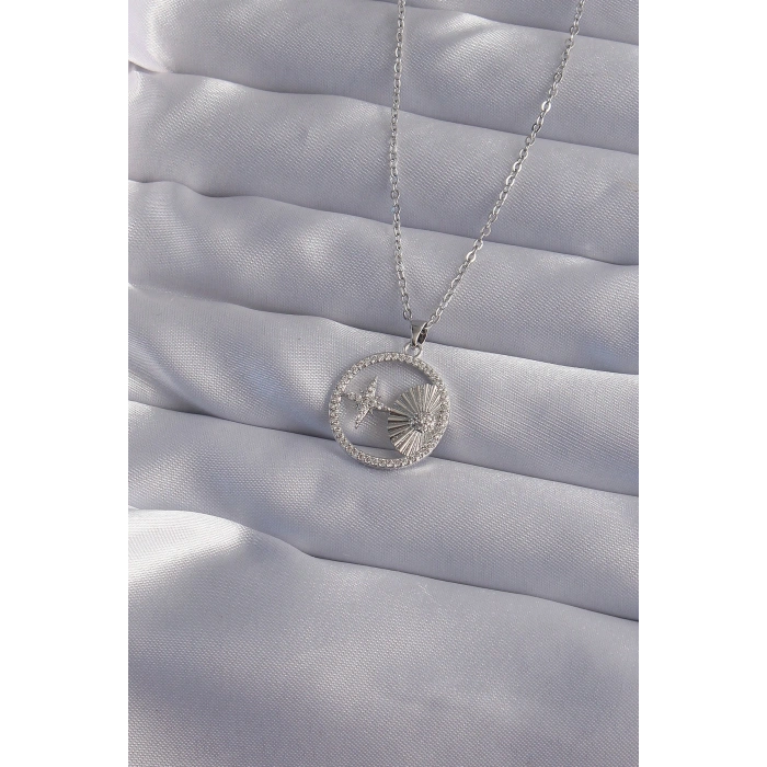 316L Çelik Zincir Gümüş Renk Zirkon Taşlı Yıldız Figürlü Oval Kolye