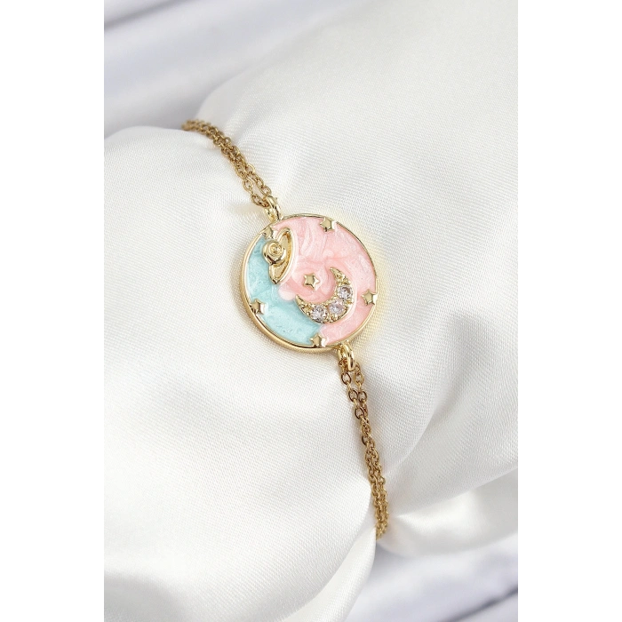 316L Çelik Zincir Mineli Sanatsal Portre Zirkon Taşlı Gezegen Model Gold Renk Kadın Bileklik