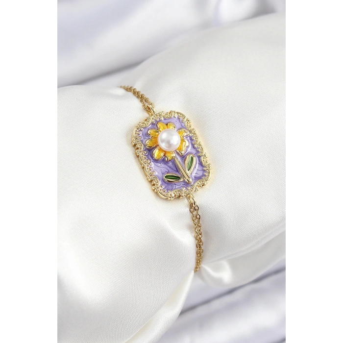 316L Çelik Zincir Mor Mineli Sanatsal Portre İnci Detaylı Papatya Model Gold Renk Kadın Bileklik