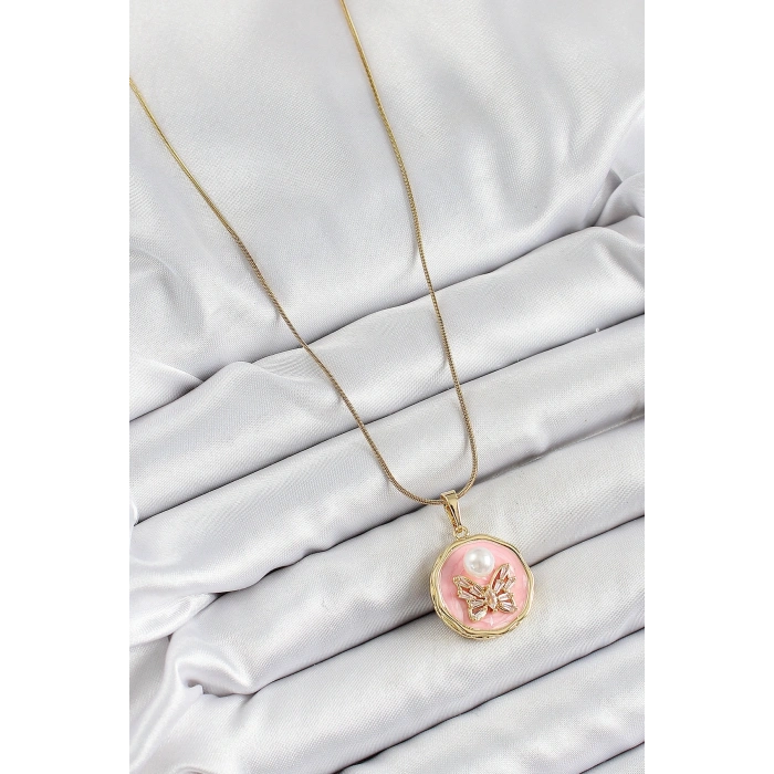 316L Çelik Zincir Zirkon Taşlı Pembe Sanatsal Portre İnci Detaylı Kelebek Model Gold Renk Kadın Kolye