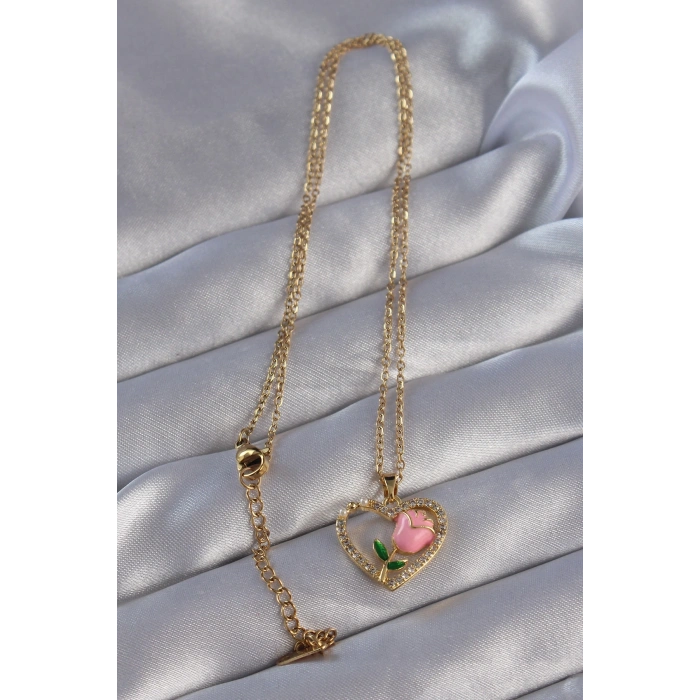 316L Çelik Zincirli Gold Renk Zirkon Taşlı Kalp İçinde Pembe Gül Tasarımlı Kolye