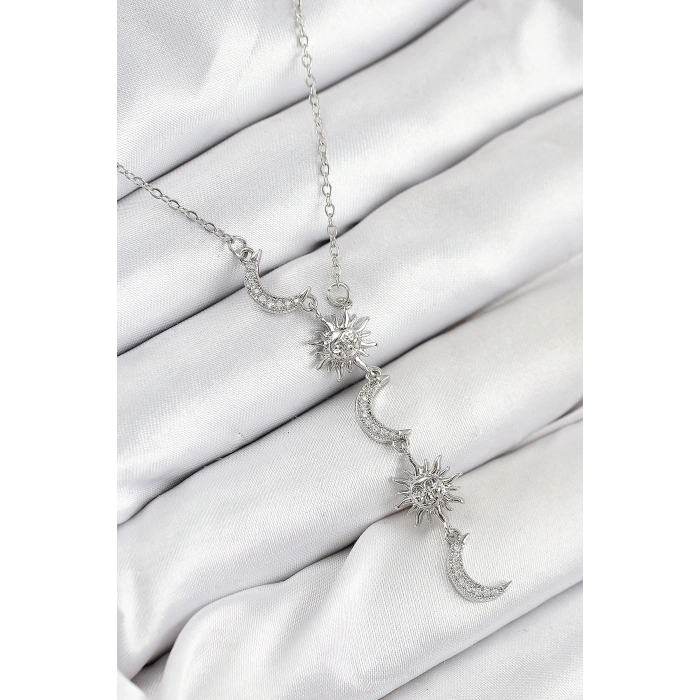 316L Çelik Zirkon Taşlı Güneş Ve Ay Model Gümüş Renk Kadın Kolye