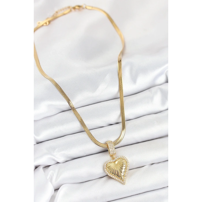 316L Çelik Zirkon Taşlı Kalp Model Gold Renk Kadın Kolye