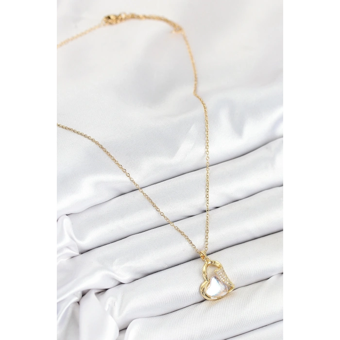 316L Çelik Zirkon Taşlı Kalp Model Gold Renk Kadın Kolye