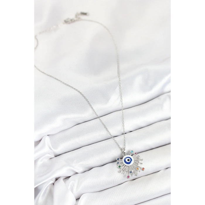 316L Çelik Zirkon Taşlı Nazar Model Gümüş Renk Kadın Kolye